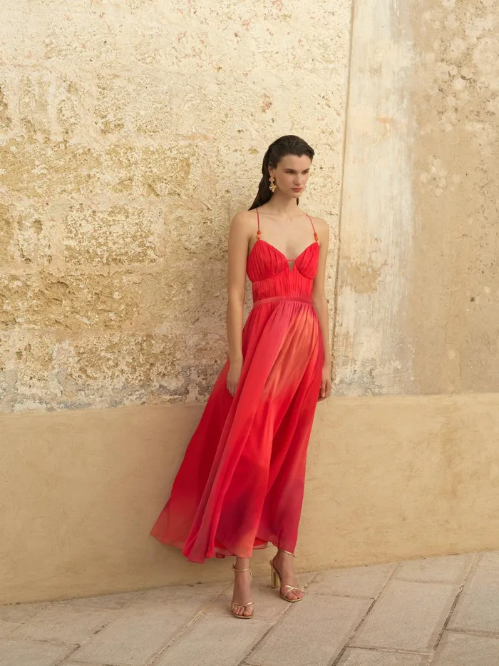 French Connection Darryl Hallie Crinkle Maxi Dress Lava Red Woman Maxi Dresses