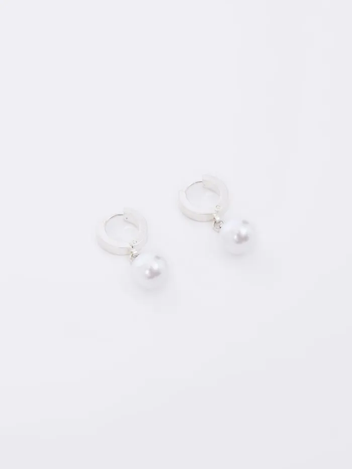 French Connection Drop Faux Pearl Huggie Hoop Earrings Silver Woman Jewellery