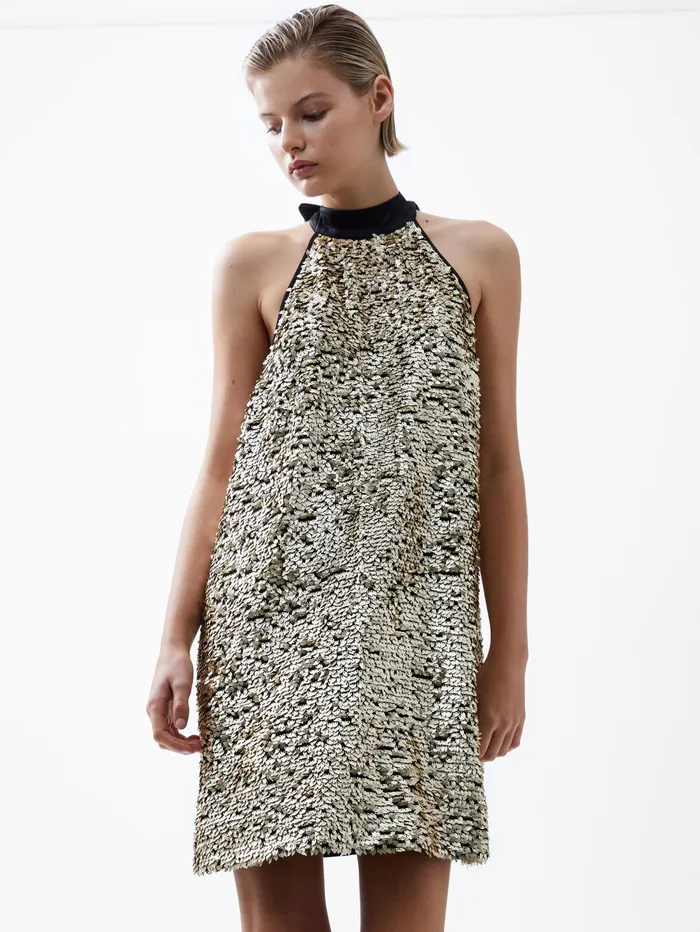 French Connection Elah Sequin Halterneck Mini Dress Metallic Gold Woman Dresses