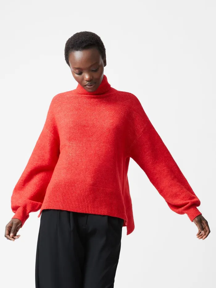 French Connection Funnel Neck Stepped Hem Jumper Red Woman Jumpers and Cardigans