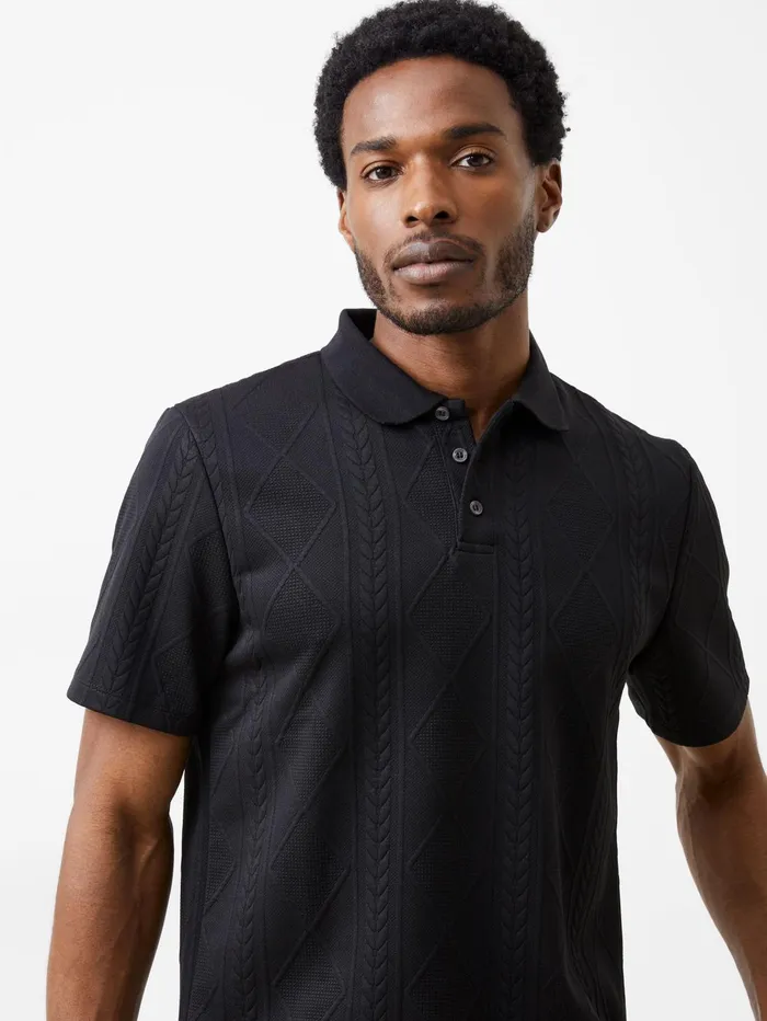 French Connection Jacquard Short Sleeve Polo Shirt Black Man TShirts and Polo Shirts