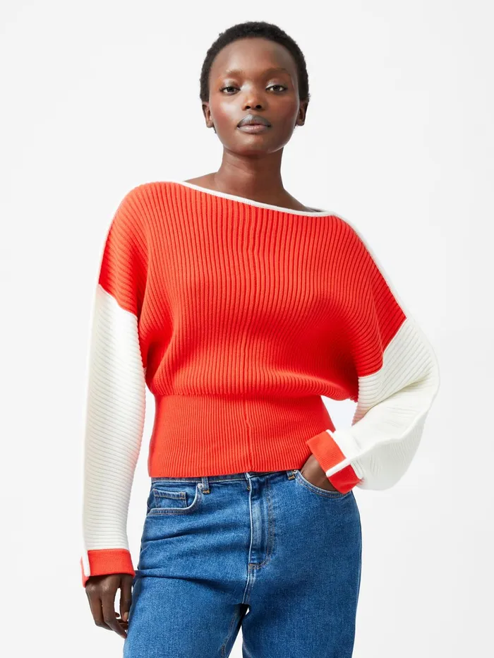 French Connection Lily Drop Shoulder Colour Block Jumper Scarlet RedPorcelain Cream Woman Jumpers and Cardigans