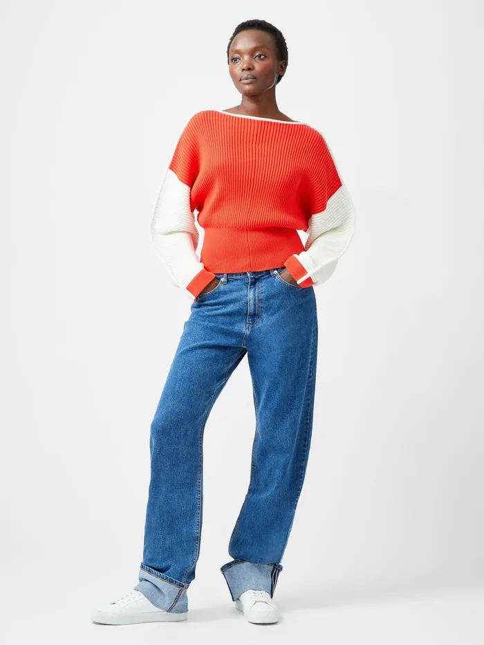 French Connection Lily Drop Shoulder Colour Block Jumper Scarlet RedPorcelain Cream Woman Jumpers and Cardigans
