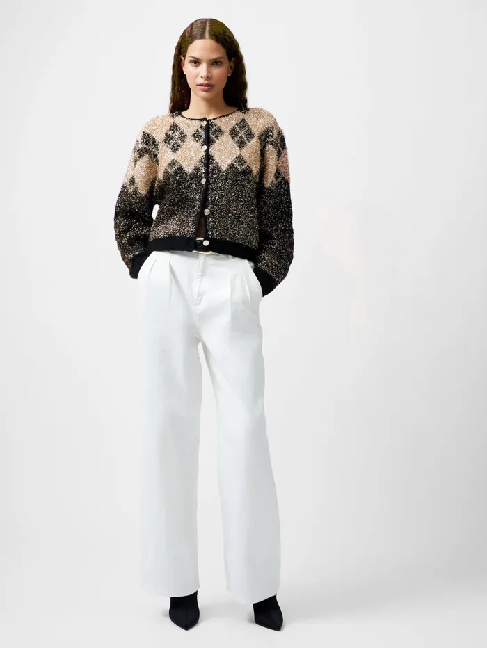 French Connection Mavis Argyle Tinsel Long Sleeve Cardigan Blackout Woman Jumpers and Cardigans