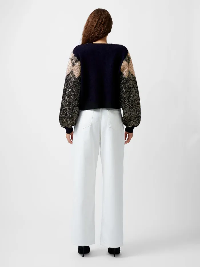 French Connection Mavis Argyle Tinsel Long Sleeve Cardigan Blackout Woman Jumpers and Cardigans