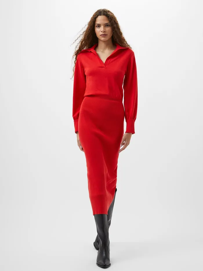 French Connection Mozza Collared Knit Midi Dress Scarlet Red Woman Dresses