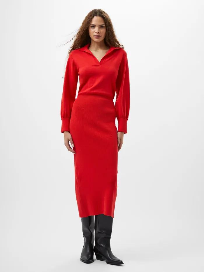 French Connection Mozza Collared Knit Midi Dress Scarlet Red Woman Dresses