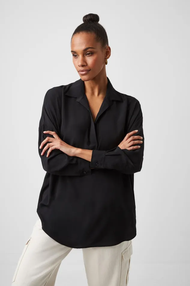 French Connection Rhodes Recycled Crepe Popover Shirt 8211 Black Woman Tops