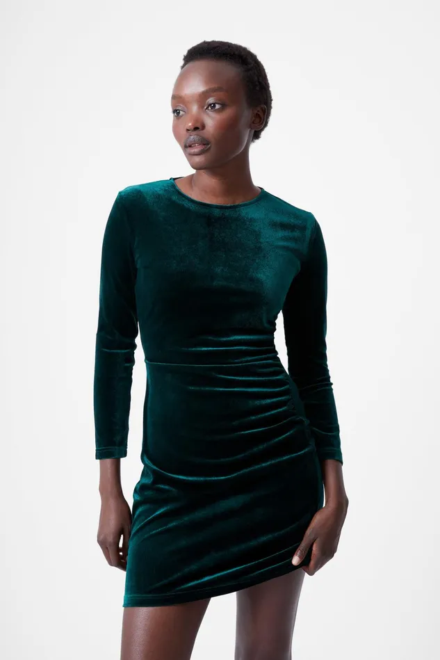 French Connection Velvet Ruched Long Sleeve Mini Dress Dark Green Woman Dresses