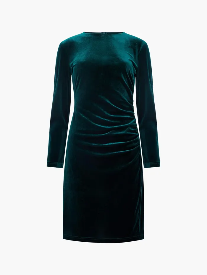 French Connection Velvet Ruched Long Sleeve Mini Dress Dark Green Woman Dresses