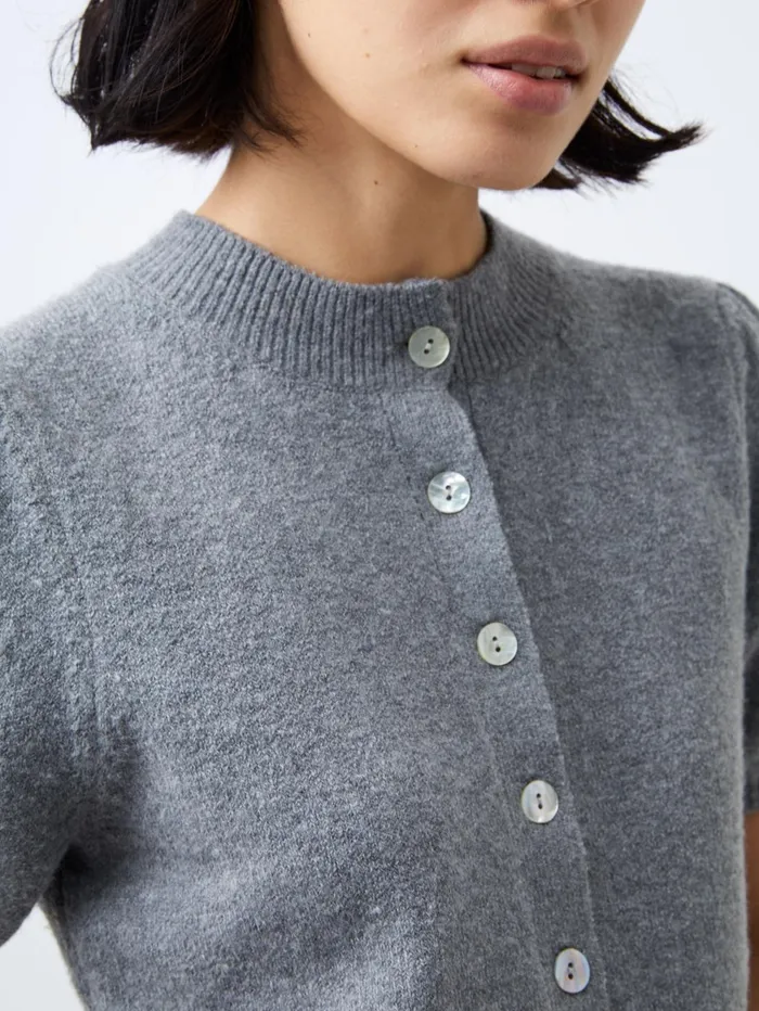 French Connection Vhari Recycled Puff Sleeve Cardigan Mid Grey Mel Woman Jumpers and Cardigans