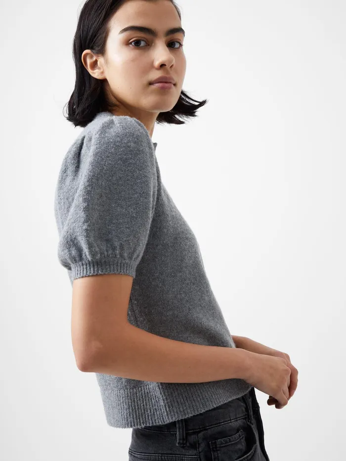 French Connection Vhari Recycled Puff Sleeve Cardigan Mid Grey Mel Woman Jumpers and Cardigans