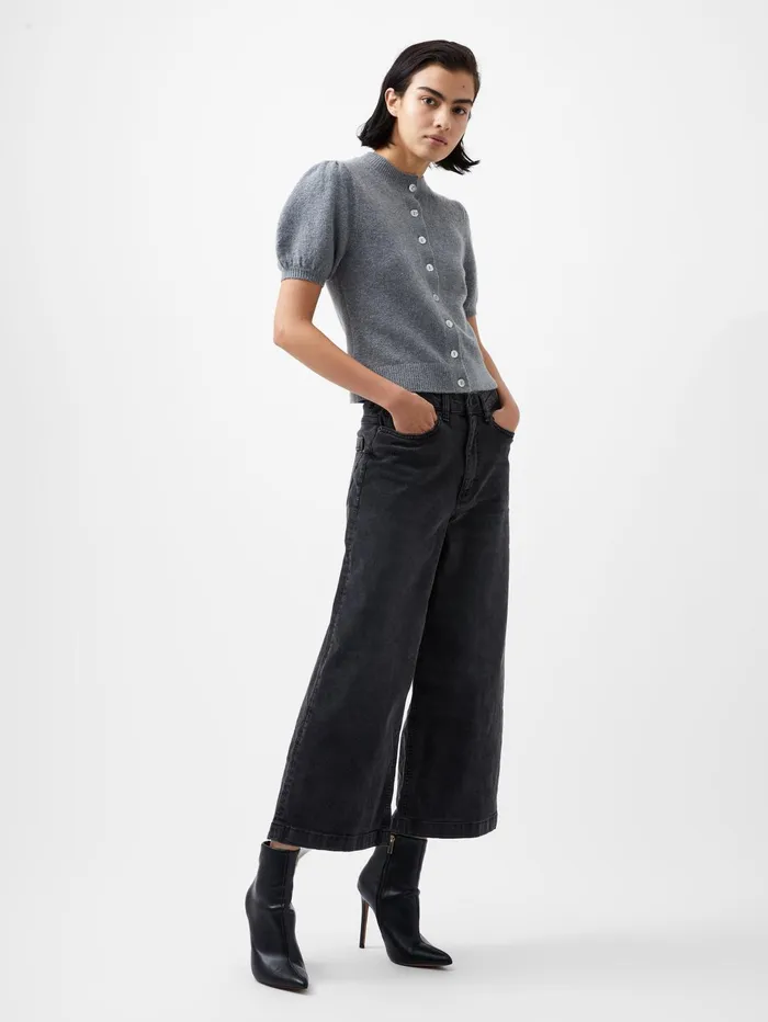French Connection Vhari Recycled Puff Sleeve Cardigan Mid Grey Mel Woman Jumpers and Cardigans