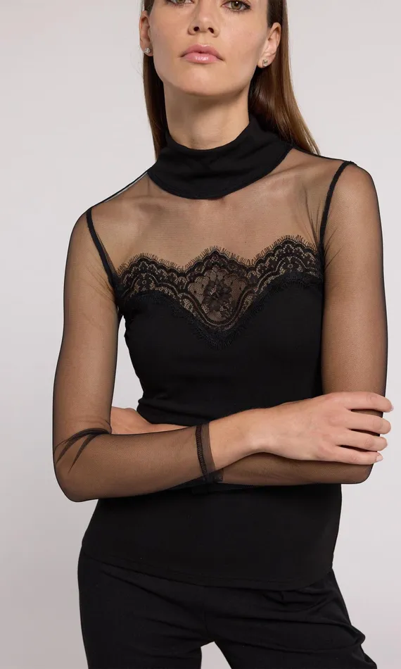 Generation Love Clothing Brigitte Lace Combo Jersey Top Black Women Tops