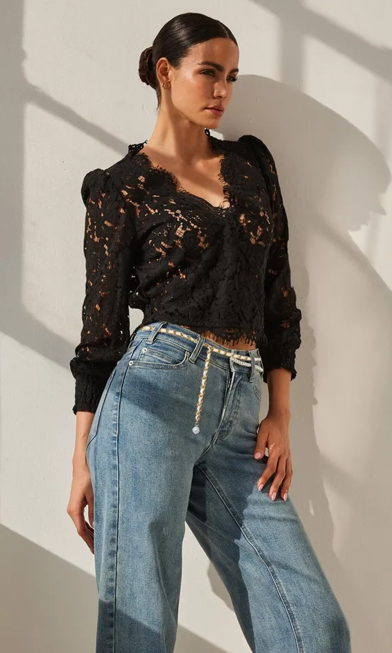 Generation Love Clothing Kairi Lace Wrap Blouse Black Women Tops