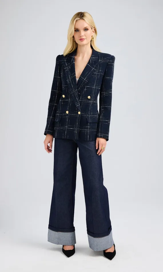 Generation Love Clothing Maverick Windowpane Tweed Blazer Navywhite Women Blazers and Jackets