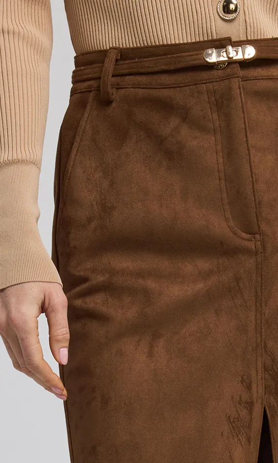 Generation Love Clothing Medina Belted Vegan Suede Skirt Caramel Women Skirts