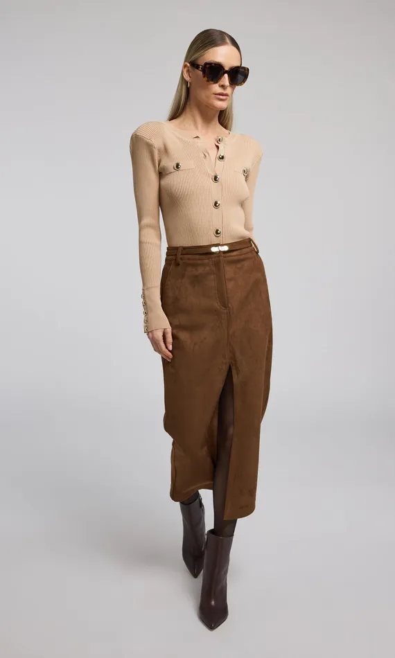 Generation Love Clothing Medina Belted Vegan Suede Skirt Caramel Women Skirts