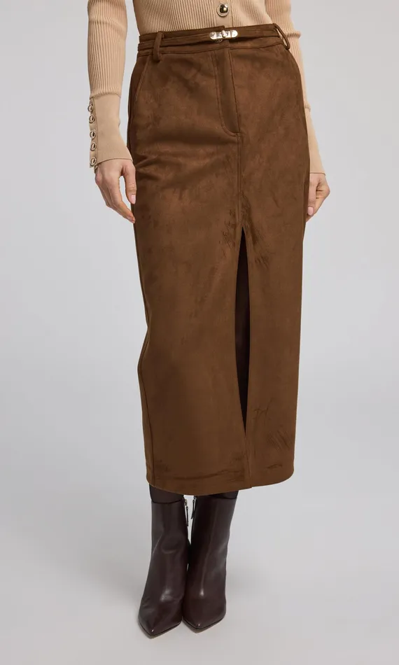 Generation Love Clothing Medina Belted Vegan Suede Skirt Caramel Women Skirts