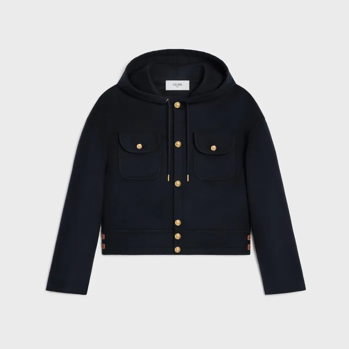 Jacket With Hood In Double Face Cashmere Navy Women CELINE COATS