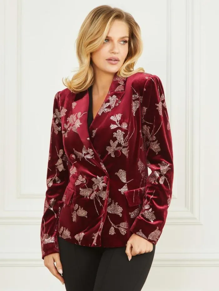 Jackets Women Marciano Angelica Velvet Blazer Purple Petal With Rose Go
