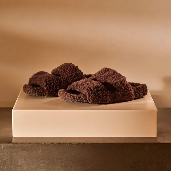 James Perse Sandals WomenSINGLEQUOTEADDEDs Double Strap Shearling Slide Chocolate 8211 Women