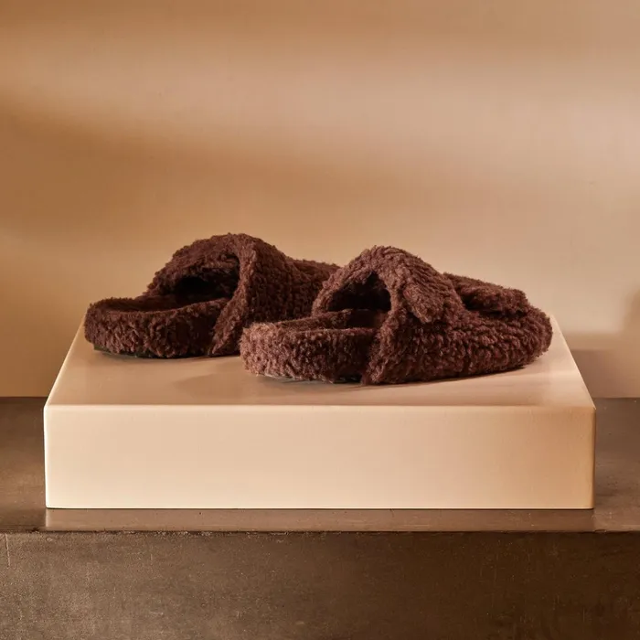 James Perse Sandals WomenSINGLEQUOTEADDEDs Double Strap Shearling Slide Chocolate 8211 Women