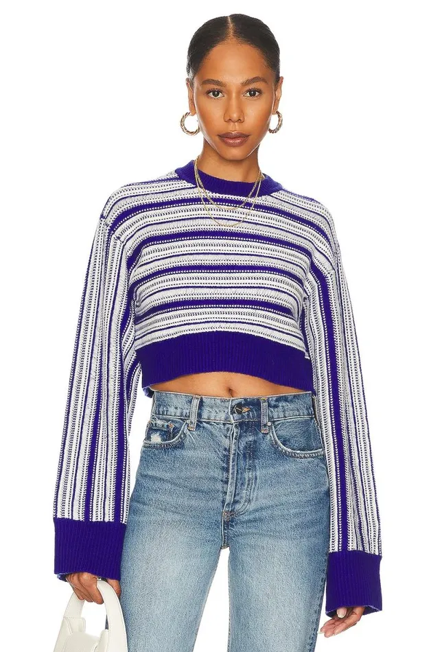Kairi Cropped Stripe Crew Royal Blue and Ivory Women Lovers and Friends Sweaters and Knits