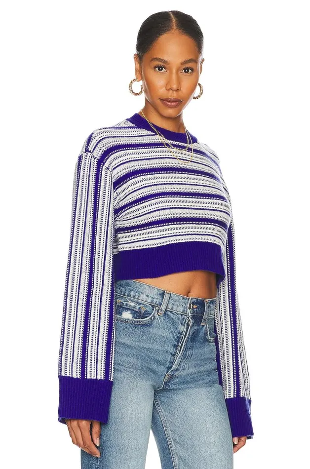 Kairi Cropped Stripe Crew Royal Blue and Ivory Women Lovers and Friends Sweaters and Knits