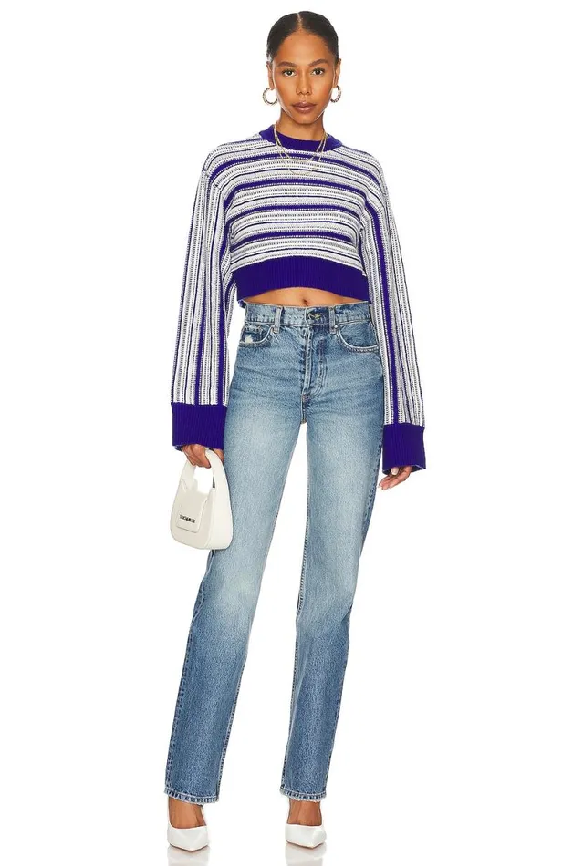 Kairi Cropped Stripe Crew Royal Blue and Ivory Women Lovers and Friends Sweaters and Knits