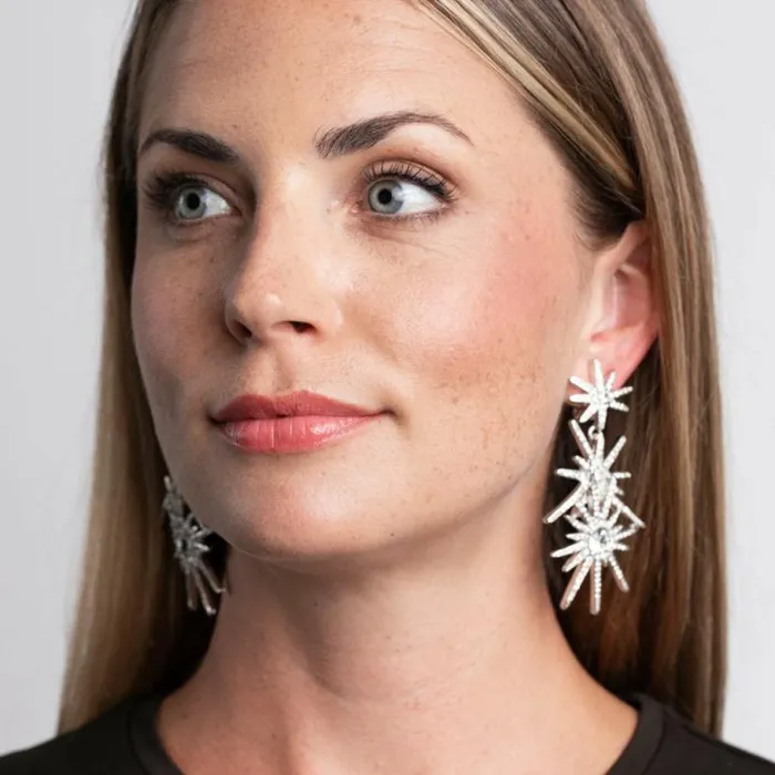 Kenneth Jay Lane Clear Crystal Earrings Women Three Starburst Pierced Earrings