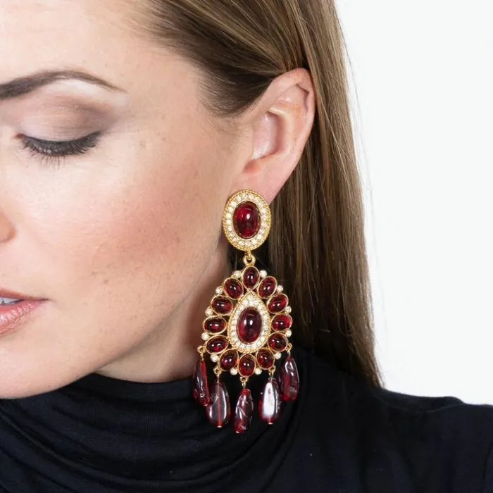 Kenneth Jay Lane Dark Color Gem Earrings Women Gold and Ruby Drop Clip Earrings Kenneth Jay Lane Dark Color Gem Earrings Women Gold and Ruby Drop Clip Earrings