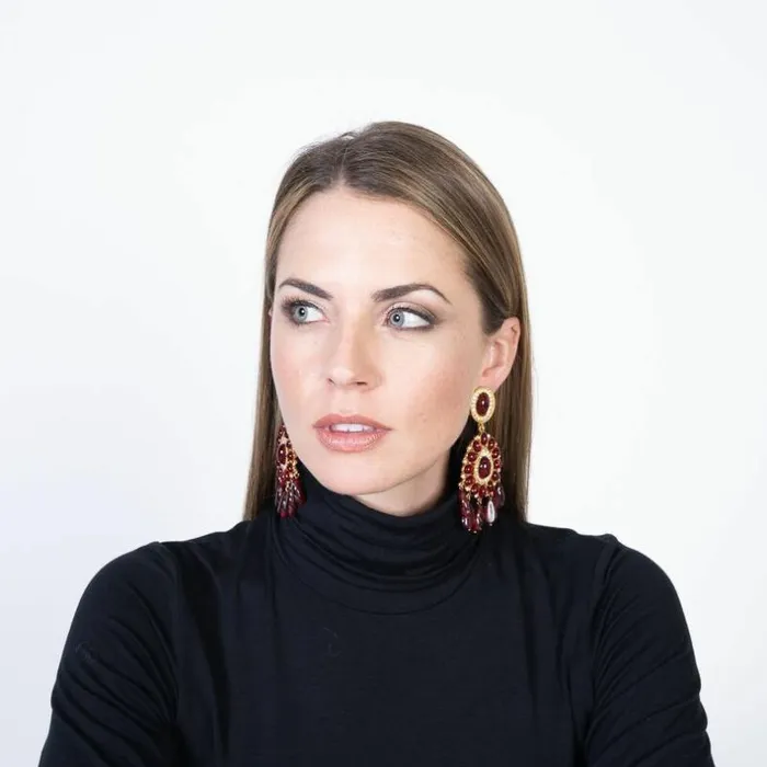 Kenneth Jay Lane Dark Color Gem Earrings Women Gold and Ruby Drop Clip Earrings