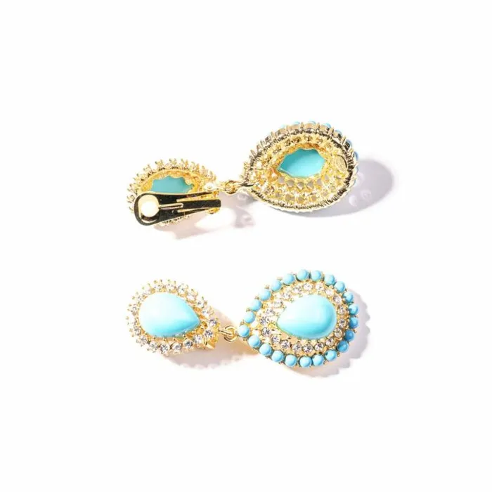Kenneth Jay Lane Light Color Earrings Women Gold Crystal And Turquoise Cabochon Clip Earring