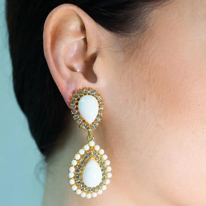Kenneth Jay Lane Light Color Earrings Women White and Crystal Teardrop Clip Earrings Kenneth Jay Lane Light Color Earrings Women White and Crystal Teardrop Clip Earrings