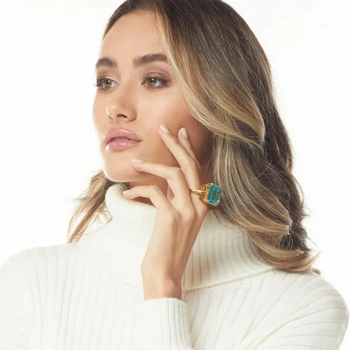 Kenneth Jay Lane Light Color Gem Rings Women Aqua Square Stone Ring