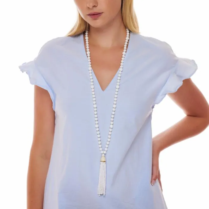 Kenneth Jay Lane Light Color Necklaces Women White Glass Bead Tassel Necklace Kenneth Jay Lane Light Color Necklaces Women White Glass Bead Tassel Necklace