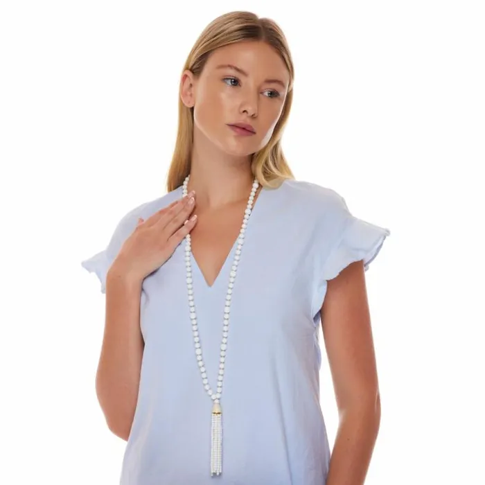 Kenneth Jay Lane Light Color Necklaces Women White Glass Bead Tassel Necklace Kenneth Jay Lane Light Color Necklaces Women White Glass Bead Tassel Necklace