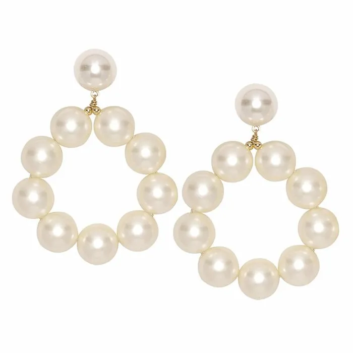 Kenneth Jay Lane Pearl Earrings Women Gold And White Pearl Ball Hoop Pierced Earrings