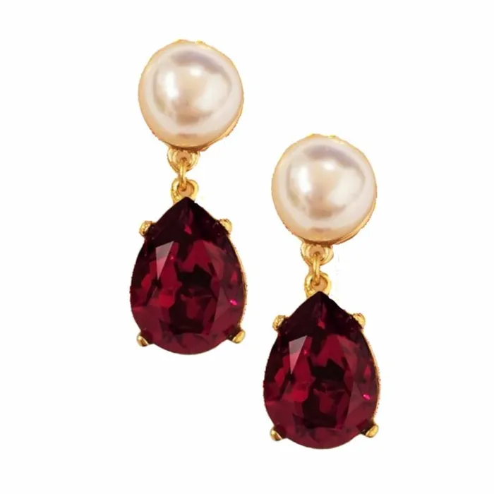 Kenneth Jay Lane Pearl Earrings Women Pearl and Ruby Teardrop Pierced Earring