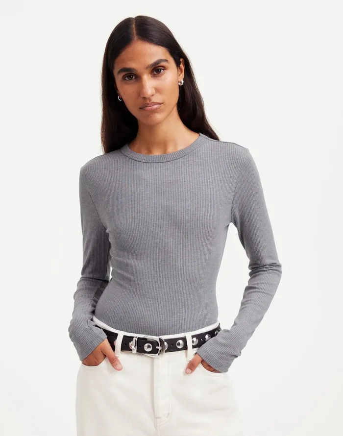 Madewell Drapey Rib LongSleeve Tee Hthr Black Charcoal Women Tees