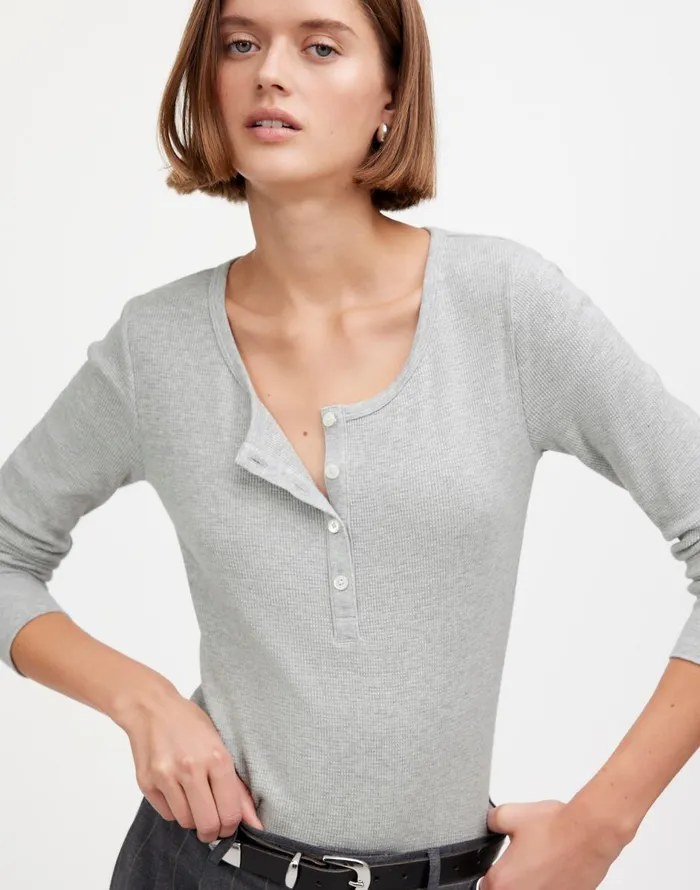 Madewell Heathered WaffleKnit Scoopneck Henley Tee Hthr Grey Women Tees