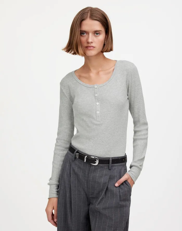 Madewell Heathered WaffleKnit Scoopneck Henley Tee Hthr Grey Women Tees