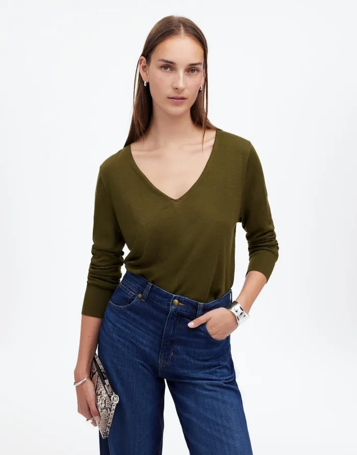 Madewell Merino WoolSilk Blend VNeck Sweater Faded Ivy Women Sweaters