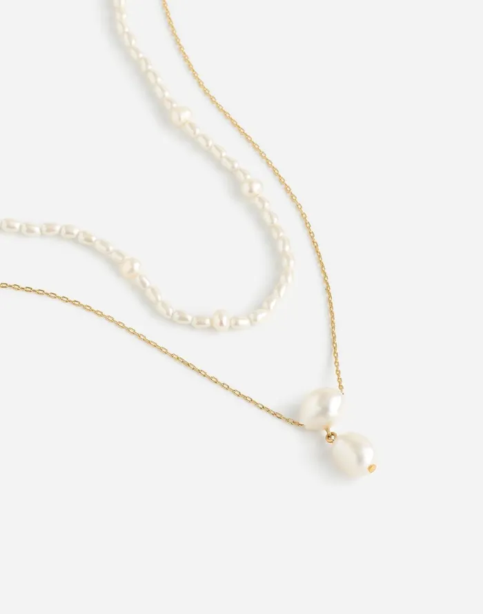 Madewell TwoPack Pearl Crystal Necklace Set Vintage Gold Women Jewelry