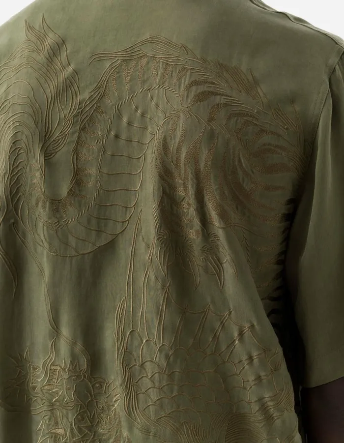 Maharishi Short Sleeve Shirts 6098 Tiger Dragon Camp Collar Shirt Olive OG107F 8211 Men