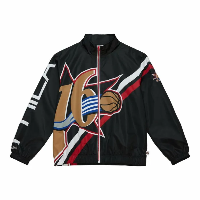 Men039s Jackets and Outerwear Mitchell and Ness Exploded Logo Warm Up Jacket Philadelphia 76ers Men039s Jackets and Outerwear Mitchell and Ness Exploded Logo Warm Up Jacket Philadelphia 76ers