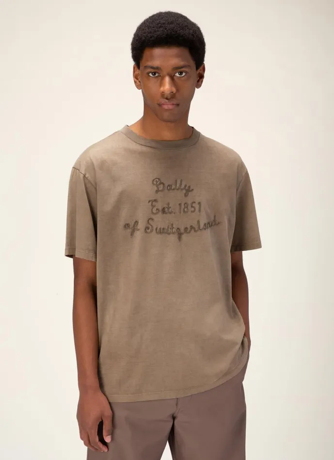 Men Bally Shirts And TShirts Embroidered TShirt 8211 Cotton Top In Brown