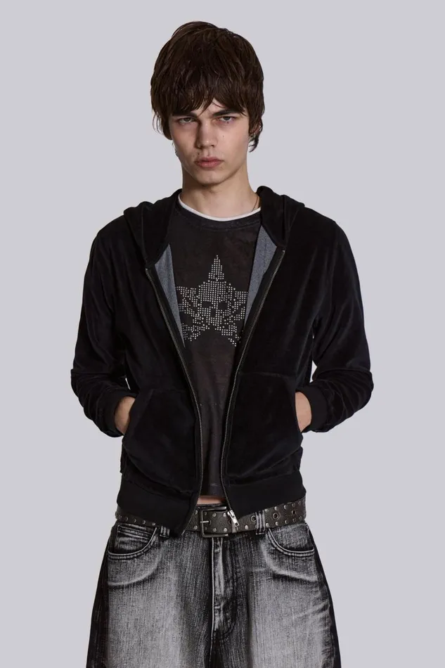 Men Black Velour Mini Monster Hoodie Jaded London Hoodies and Sweatshirts