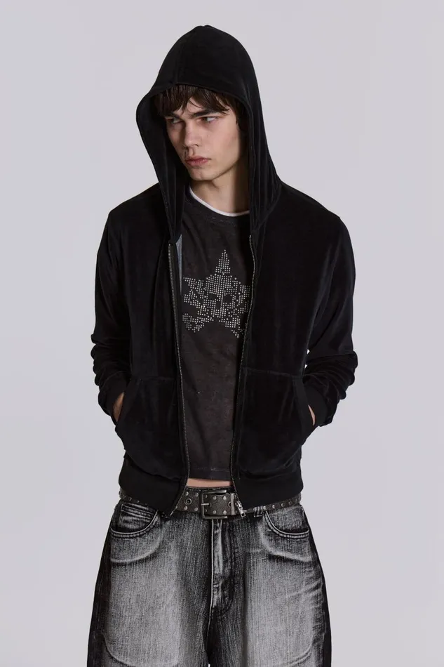 Men Black Velour Mini Monster Hoodie Jaded London Hoodies and Sweatshirts